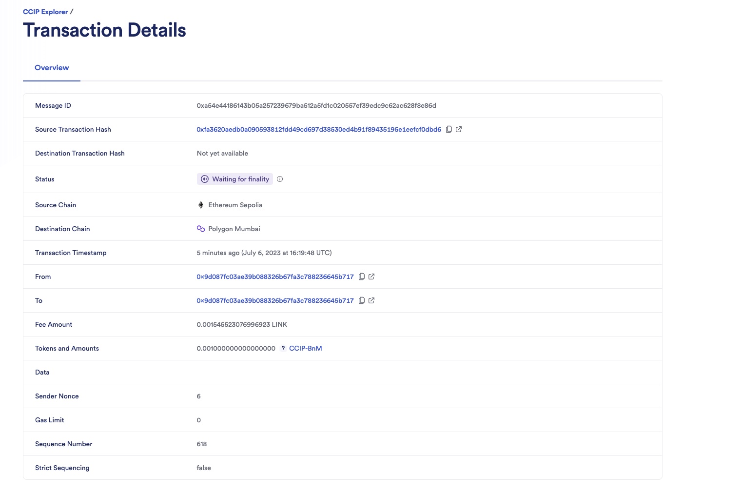 Chainlink CCIP Explorer transaction details