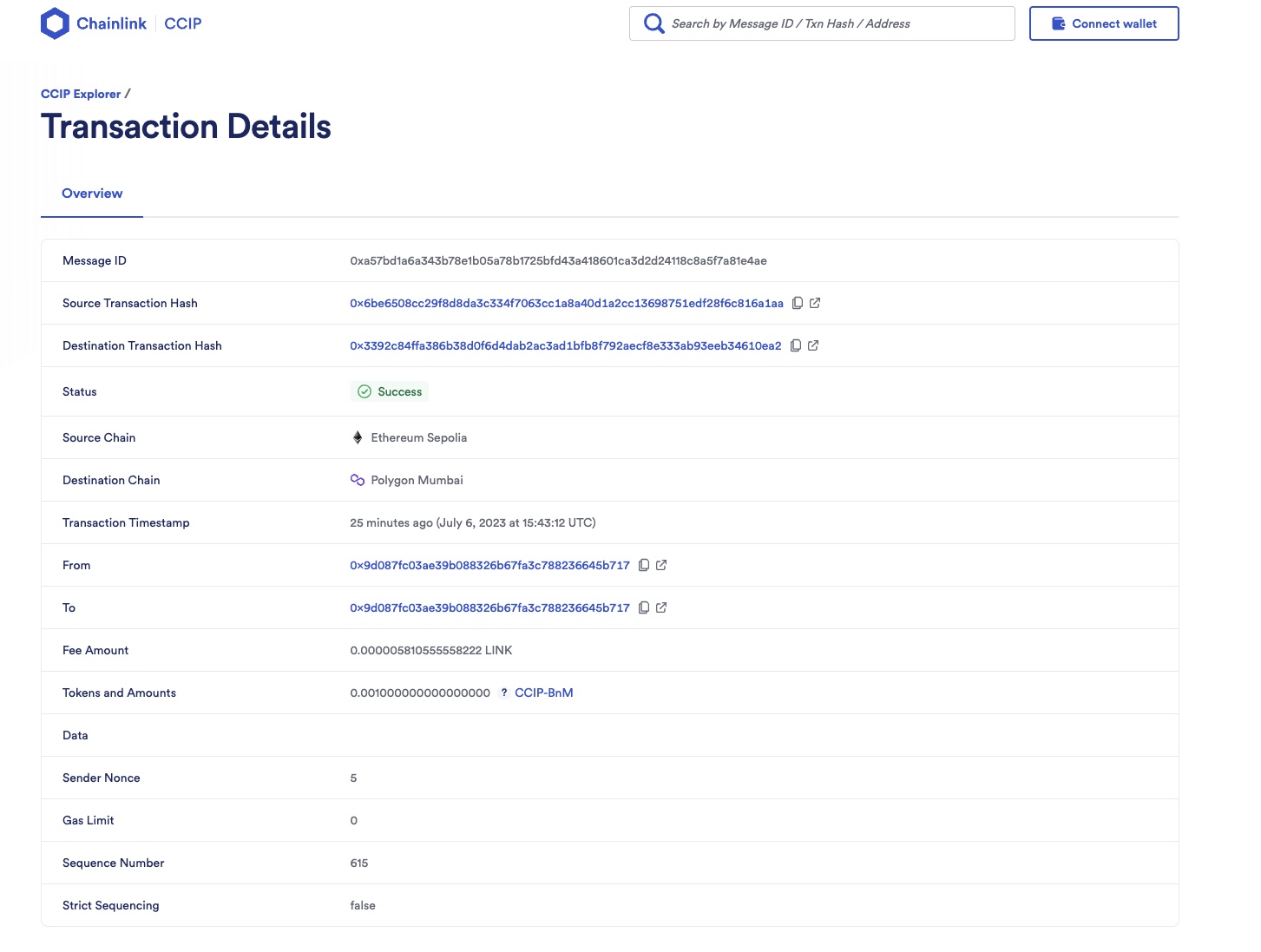 Chainlink CCIP Explorer transaction details